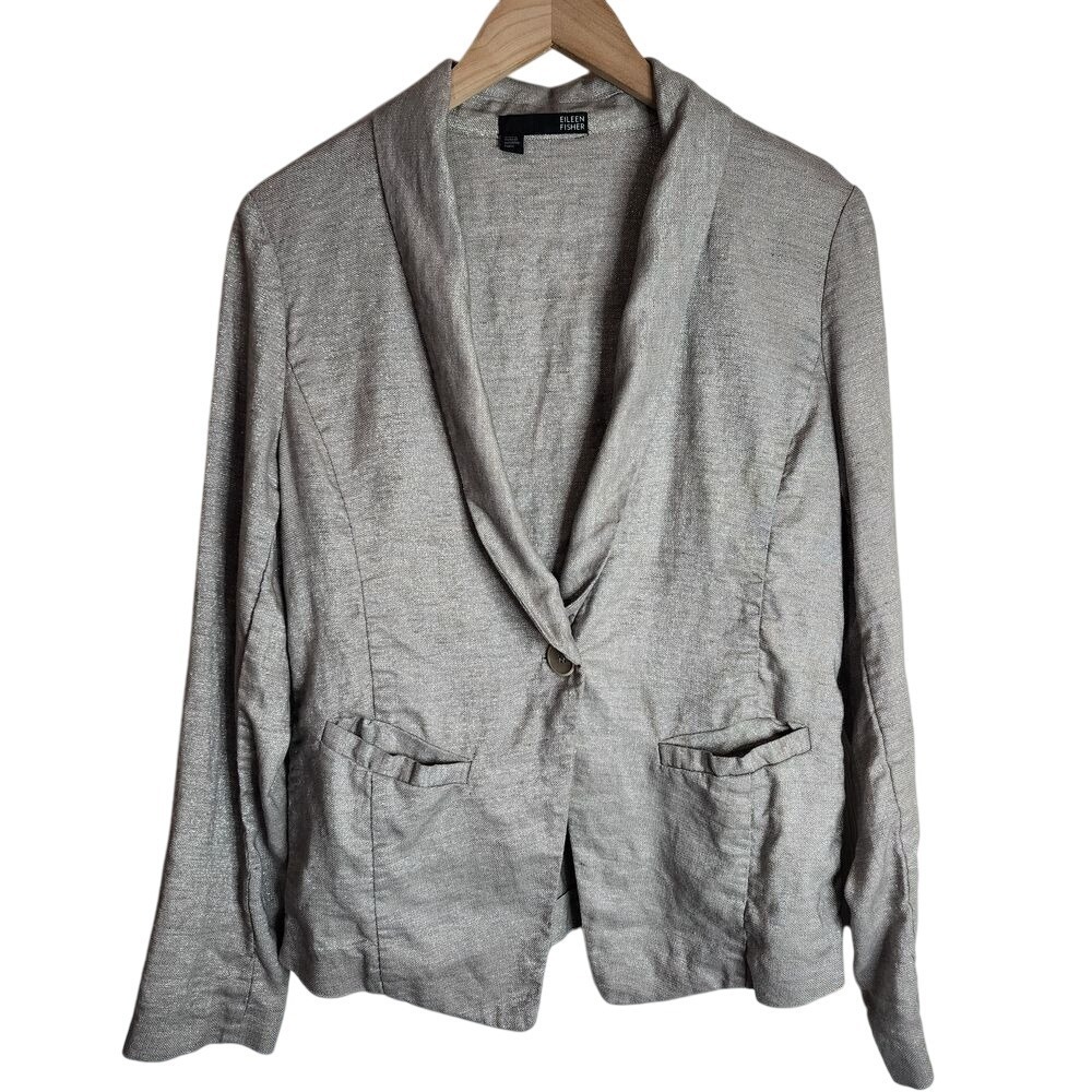 Eileen‎ Fisher Jacket Women's XS Oversized Blazer Linen Button Front Silver Grey